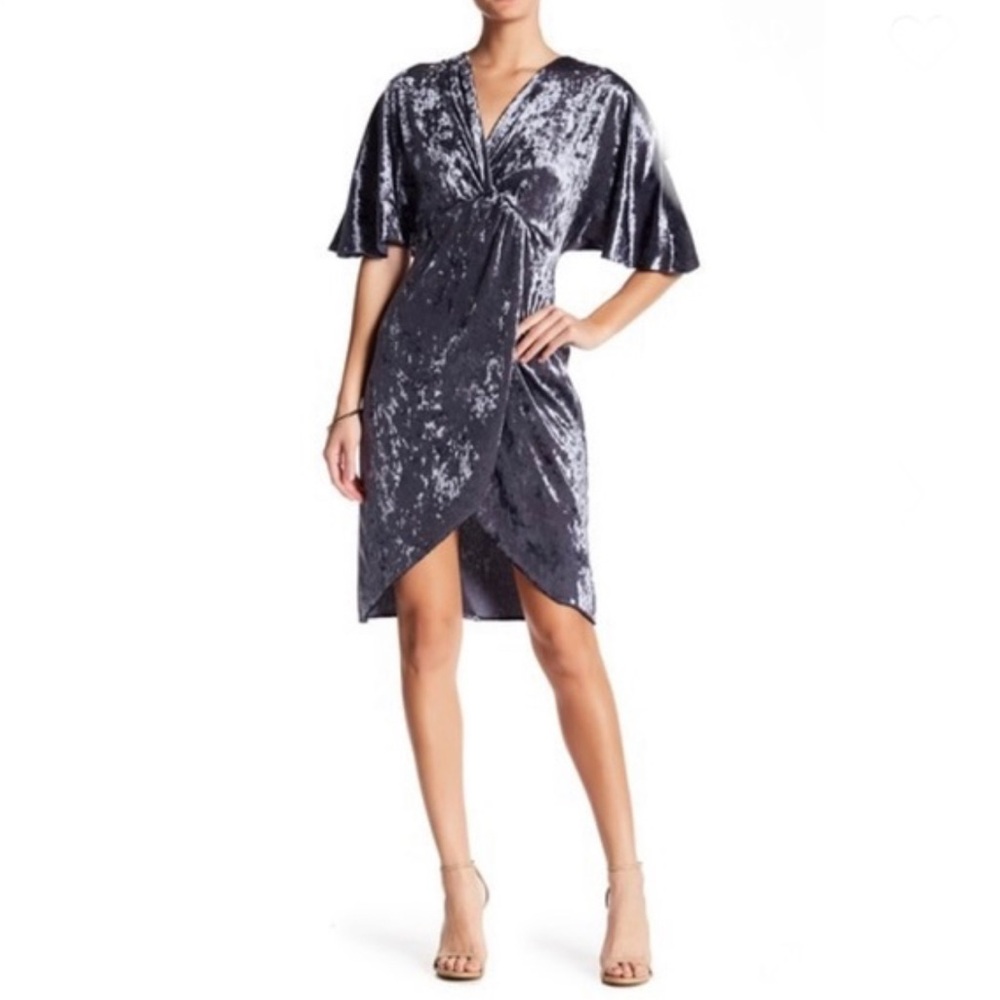 NWT The Vanity Room Crushed Velvet Faux Wrap Dress M Gunmetal Gray